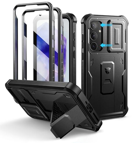 Dexnor for Samsung Galaxy A35-5G Case, [2 Front Frame] [Bulit-in Slide Camera Cover & Kickstand] Heavy Duty Military Grade Protection Shockproof Phone Case with Screen Protector, 6.6 inch Black