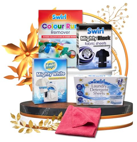 Laundry Detergent Sheets Bundle | Swirl Colour Run Remover 12pk, Mighty White 12pk, Mighty Black Sheet 12pk, Laundry Detergent Sheets 20pk with Micro Fibre Cloth | Remove Stains and Revive Colour
