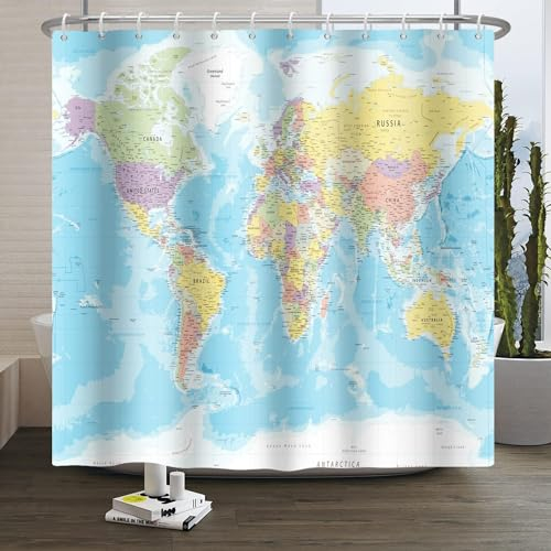 Duschvorhang 200x200 Weltkarte Duschvorhänge Karte Anti Schimmel Waschbar Polyester Textil Shower Curtains für Badezimmer Badewanne mit 12 Haken, Z7530