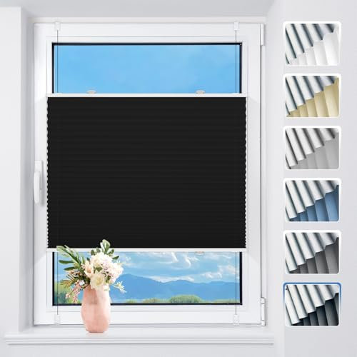 Plissee ohne Bohren Verdunkelung Thermo Plissees Klemmfix Schwarz B95 x H130 cm - Verdunklungsplissee Plisseerollo Blickdicht & Sichtschutz für Fenster & Tür