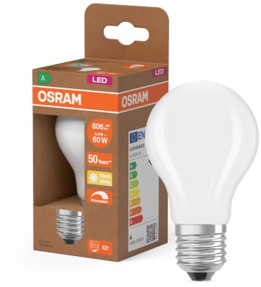Osram Energy Class LED-Lampe in klassischer Kolbenform, 3.8 W / 806 lm, EEK A, warmweißes Licht (2700 K), CRI 80, aus gefrostetem bleifreiem Glas, E27 Sockel, IP20, 60 mm Durchmesser, dimmbar.