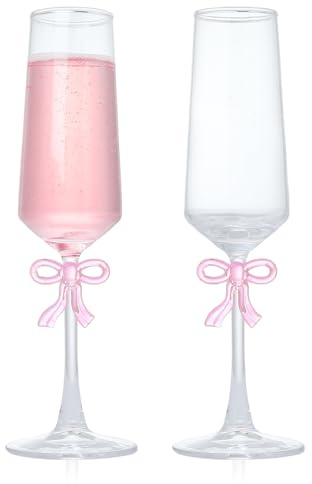 MAKERSLAND Champagne Glasses Set of 2, 8oz Elegant Crystal Stemmed Champagne Flutes with Pink Bow for Prosecco, Sparkling Wine, Mimosas, Cocktails, Weddings, Anniversaries, Parties