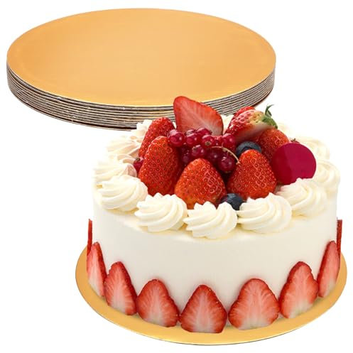 PartyKindom 10 Inch Round Cake Circle Base Board, 10pcs Disposable Food-Graded Cake & Pizza Grease-Proof Pastry Tray, for Wedding, Birthday, Baking and Desserts (Gold)