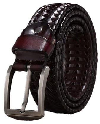 Dvbfufv Geflochtener Ledergürtel für Herren, Luxus-Lederriemen, lässig, solider Ledergürtel, burgunderfarben, 115 cm