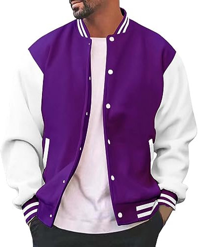Giacca bomber da uomo, Varsity College, giacca da baseball, vintage, con tasche, a maniche lunghe, da uomo, corto, casual, comoda, alla moda, da baseball, Viola, S