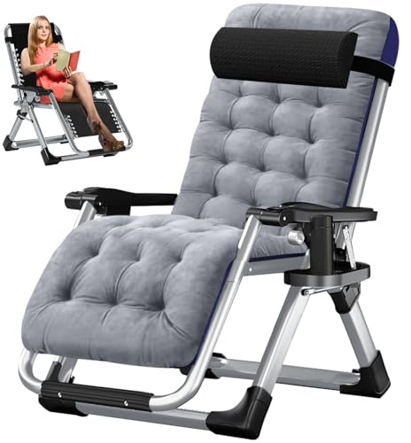 SUNYRISY Transat Bain de Soleil Chaise Longue Pliable, Fauteuil de Jardin Chaise Longue Inclinable avec Coussin de Soutien Porte-gobelet Réglable - pour Patio, Jardin, Plage, Capacité 200kg