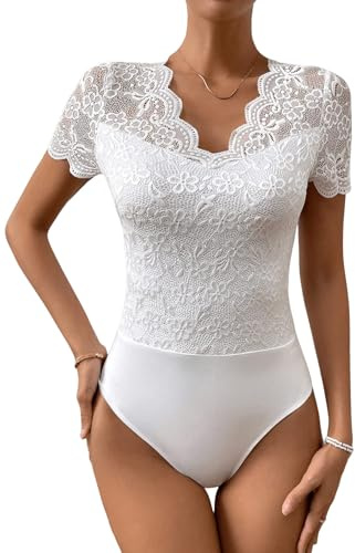 GORGLITTER Damen Body Elegant Spitzenbody Kurzarm Spitzen Bodysuit Oberteil Tunika Bodys Blusebody Dirndlbody mit V-Ausschnitt Weiß XL