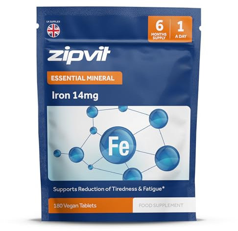 Zipvit Iron Tablets 14mg Pouch, High Strength Ferrous Fumarate, 180 Vegan Tablets, Supports Cognitive Function & Immune System, Reduces Tiredness and Fatigue, Iron Supplements for Women and Men