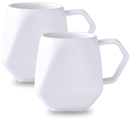 DSYZWEE Juego de 2 tazas de cerámica en forma de diamante, tazas de café modernas blancas con asa, elegantes tazas de té para el hogar y la oficina, vajilla única para café, té, agua, regalos festivos