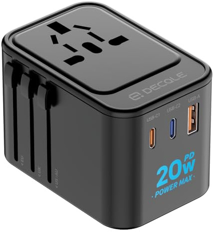 decqle Universal Travel Adapter, International Travel Plug Adapter with 2 USB-C ＆ 1 USB-A Ports, AC Adapter, All in One Portable Adaptor, for USA, UK, EU, AU ＆ 224+ Countries (Black) UK