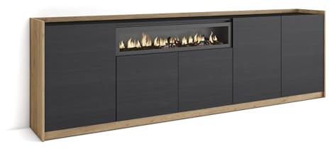 Skraut Home | Aparadores para salón | Gran Capacidad de almacenaje | 260x80x37 cm | 5 Puertas | Chimenea eléctrica | Estilo Moderno | Negro y Roble