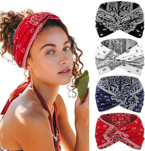 Kavya Pannband för Kvinnor, 4-Pack, Brett Elastiskt Boho Knuttat Hårband, Vintage Tie Dye Mönster, Sport Yoga Smink Spa Mode (Röd, vit, svart, marinblå)