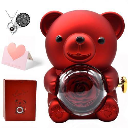 Preserved Rose Bear, Valentines Day Preserved Flowers Roses Rotatable Forever Rose Necklace, Eternal Rose Box Romantic Eternal Flower Gift, Love Necklace Gift for Girlfriend Her Women Mum Wife (Red)
