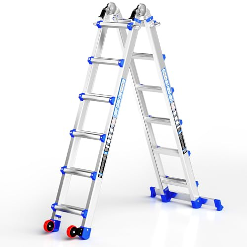Wolec Telescoping A-Frame Ladder with Wheels & Stabilizer Bar - 20FT Folding Extension Ladder, 330lb Security Load Multi Position Ladders for Stairs Home Indoor Outdoor Roof