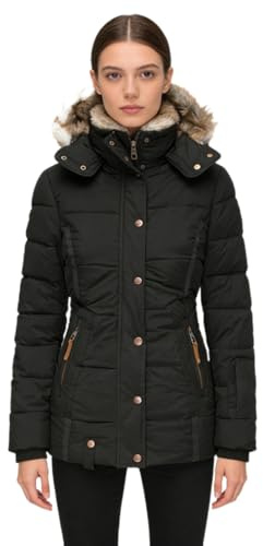 SUIUOI Abrigo de invierno para mujer – Chaqueta acolchada con forro cálido y capucha de piel sintética, chaqueta de invierno entallada con cremallera, abrigo largo con capucha para mujer para el día a