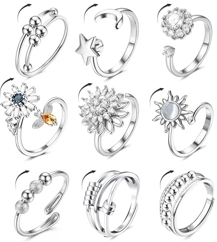 Kakonia 9 Pcs Anxiety Ring, Silver Gold Fidget Rings for Anxiety Women Adjustable Open Spinner Ring Moonstone CZ Spinner Fidget Rings for Women Kids Adjustable Ring Party Gifts-S