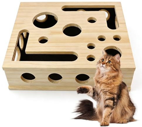 Dengthrive Rompecabezas rascador 2 en 1 para gatos: caja de archivo de uñas para gatos, incluye papel de lija, rompecabezas para el cuidado de las garras para gatos de interior, madera, 30 x 25 x 8 cm