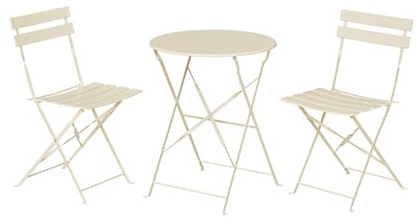 eSituro Gartenmöbel Set 3 Teilig, Bistrotisch mit 2 Stühlen, Beige | Klappbar, Klappstuhl trägt 160 kg, Metall, Wasserdicht & UV-beständig, Balkonmöbel für Balkon Garten Cafe und Kneipe
