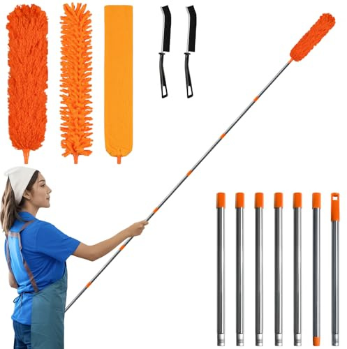 marysgift Feather Duster Extendable,122in / 310cm Long Duster for High Ceilings with Extension Pole,Washable Bendable Microfiber Feather Chenille Flat Dusters for Cleaning,2 Cleaning Brush (Orange)