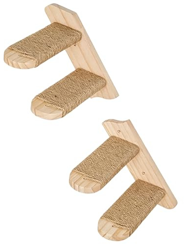 FUSHITON Escalier Mural pour Chat 2 marches en Bois Massif de pin avec Corde en Jute, 41 cm, supporte 10 kg, Montage incliné Gauche/Droite ou séparé