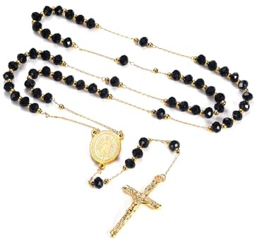 FaithHeart Collar Rosario Hombre Cuentas Negras Medalla Santa María Acero Inoxidable 316L Mujer Crucifijo Jesús Joyería Religiosa Espiritual Protección Madre