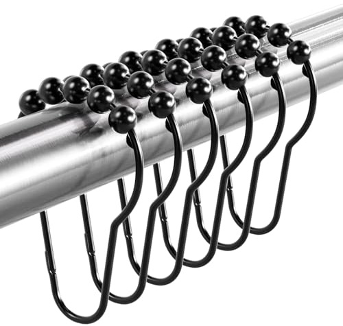 Titanker Shower Curtain Rings Hooks, Rust-Resistant Metal Shower Curtain Hooks for Bathroom Shower Rods Shower Hooks Shower Rings for Curtain - Set of 12, Matte Black