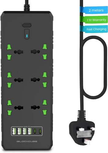 iBlockCube Universal Extension Lead with USB C Ports | Power Strip with Switch, 6 Way Outlets, 6 USB(3.1A, 2 Type C and 4 USB-A Port) | Surge Protection, 2 Meter Long Cord, Charging Hub UK Plug Socket