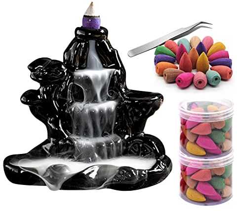 Backflow Räucherstäbchenhalter Rückfluss Räuchergefäß,Guador Handgemachte Wasserfall Räucherstäbchen Halter mit 80 Pcs Multi Aromatisierte Rückfluss Räucherkegel und Edelstahl Pinzette