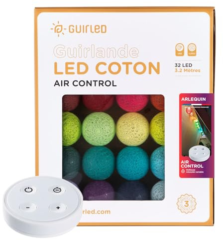 GuirLED - LED Baumwollkugeln Lichterkette USB - Drahtlose Fernbedienung - Baby Nachtlicht 2h - Dual USB 2A Netzteil enthalten - 4 Intensitäten – 32 Kugeln 3.2m - Arlequin