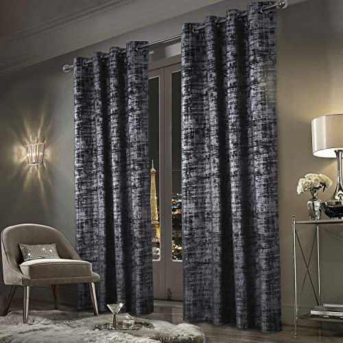 always4u Vorhänge mit Muster Silber Blickdicht 100%, Samt Vorhang Wohnzimmer, Vorhang Verdunkelung Kurz mit ösen, Stoff Glänzend Eleganter, Dunkelgrau 2er Set 245x140cm