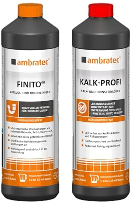 Ambratec Finito + Ambratec Kalk-Profi - Abflussreiniger Rohrreiniger und starker Reiniger gegen Kalk Urinstein - löst Verstopfungen Lebensmittelreste Fette Haare - Rost Zement Konzentrat Entkalker