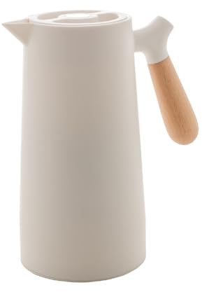 WOLFF Jarra térmica blanca para mantener el calor o el frío, termo de doble pared aislada para té, bebidas calientes de agua, dispensador de café a prueba de fugas con mango de madera, botella térmica