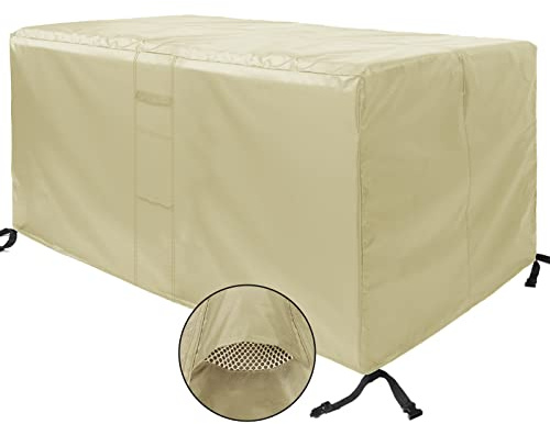 MEEYI Schutzhülle Gartentischabdeckung 350x260x90cm, Loungemöbel Rechteckig Abdeckhaube 420D Oxford Gartentische Abdeckhaube Winddicht für Tisch und Stühle, Beige
