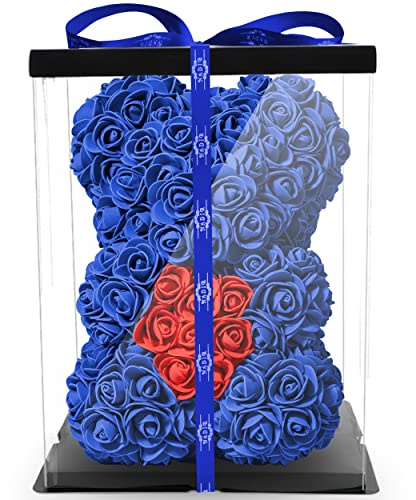 NADIR Rosen Bär Blumenbär mit Geschenkbox, Geburtstagsgeschenk für Frauen, Geschenk für Freundin zum Geburtstag Jahrestag, Rose Bear Teddybär, Geschenk Hochzeitstag (Blau, 25 cm)
