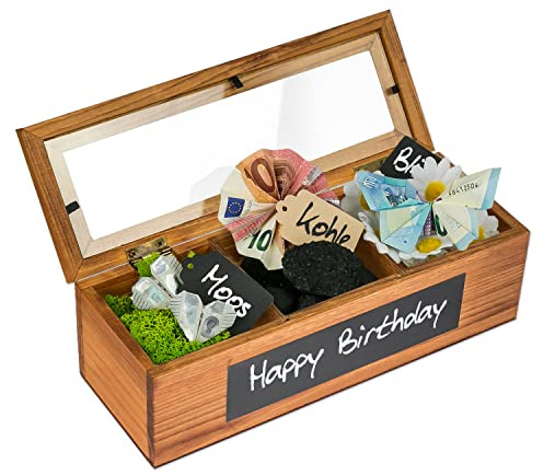 SURPRISA Schotter-Schatulle - Geldgeschenk Hochzeit, Geschenkbox Geburtstag | Geldgeschenke Verpackung aus Holz (Pinie), 3 Fächer - Geldsynonyme, Geschenkanhänger, Tafelsticker inklusive, Wunscherfüller