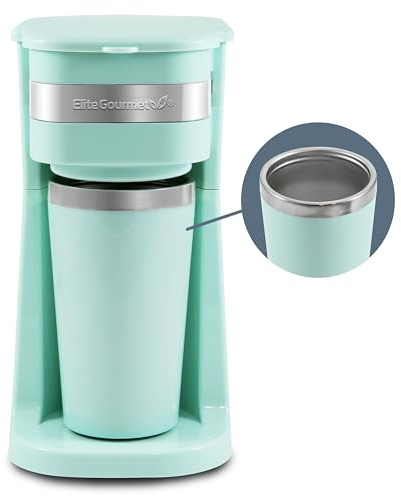 Elite Gourmet EHC113M Personal Single-Serve Compact Coffee Maker Brewer Includes 14Oz. Stainless Steel Interior Thermal Travel Mug, Compatible with Coffee Grounds, Reusable Filter, Mint