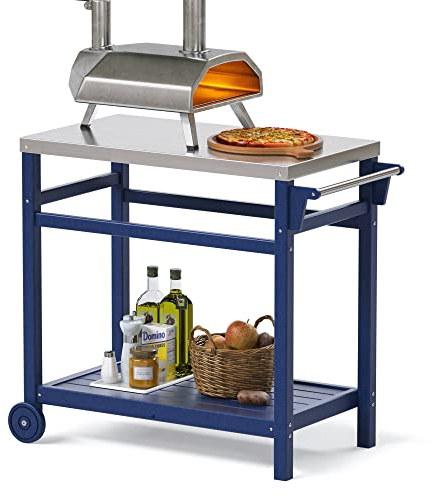 TORVA HDPE Grilltisch Outdoor Wetterfest, Grill Beistelltisch mit Edelstahlplatte, Mobiler BBQ Servierwagen, Grillwagen für Garten Terrasse Küche (Marineblau)