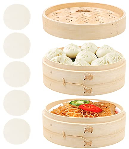 QUOTRE Vaporizador de bambú, 2 Niveles Canasta de bambú 5 Lienzos Reutilizables para Arroz, Dim Sum, Verduras, Pescado y Carne, 20cm