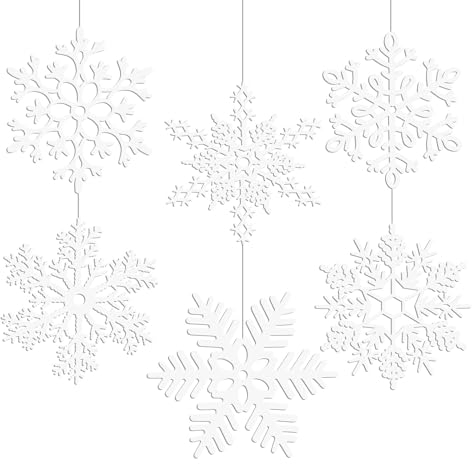 MIAHART 12 inches Large White Snowflakes Ornaments 6 Pack Big Plastic Glitter Snowflake Ornaments for Christmas Tree Winter Indoor Outdoor Window Giant Craft Hanging Snowflakes Decorations