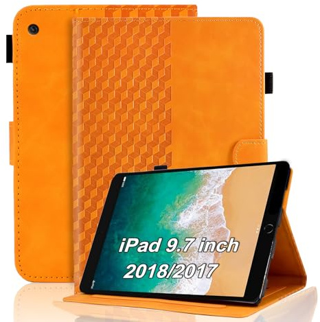 Vkooer Coque pour iPad 9.7 Pouce 2018/2017 (iPad 6ème/5ème Génération) Housse iPad Air 2, iPad Air Cuir PU Etui de Protection Flip Cover Case Treillis avec Multi-Angle Support et Poche, Orange