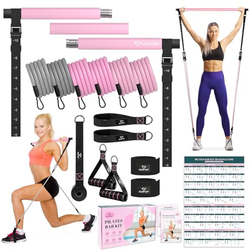 Pilates Bar Kit with Resistance Bands, Multifunctional Yoga Pilates Bar with Heavy-Duty Metal Adjustment Buckle, Portable Home Gym Pilates Resistance Bar Kit for Women Full Body Workouts -Pink