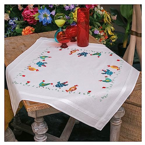Vervaco Stickpackung Tischdecke Sticken Set Erwachsene Vorgedruckt bunte Hühner Stickdecken Vorgezeichnet Decke Sticken Stickpackung Plattstich 80 x 80 cm Stoff zum Sticken Kreatives Geschenk