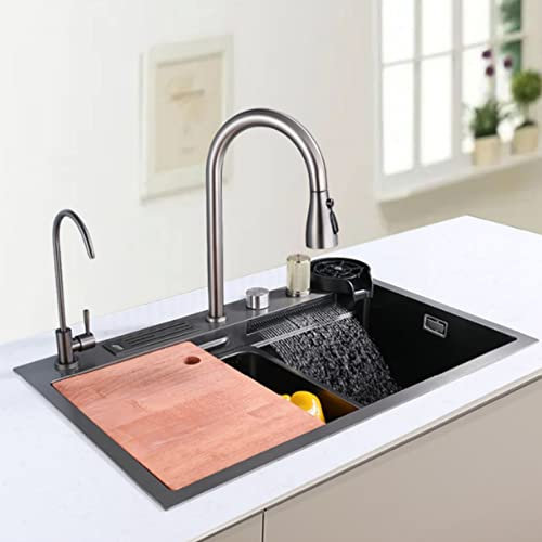 HADIIH Évier Cascade Raindance, Evier Cuisine, Douchette Extractible Évier De Cuisine Grand 1 Bac avec Bonde, Siphon, Rinceur en Verre, Egouttoir (75 * 46cm)