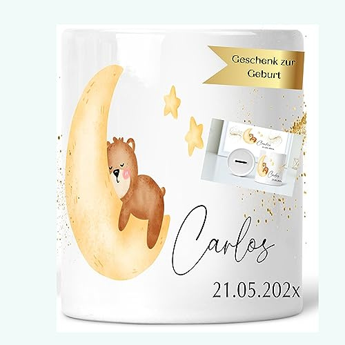 Besonderes Taufgeschenk - Baby-Spardose für Mädchen & Junge - Individuell mit Namen personalisiert als Geld-Geschenk zur Geburt Taufe (Mond)