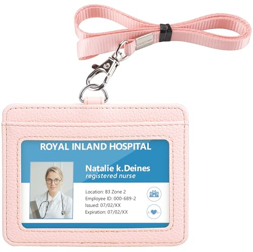 Teskyer Ausweishülle mit Band, Ausweishülle aus PU Leder, mit Transparentem Fenster und 2 Karten, und Nylon Schlüsselband, Horizontaler, Licht Rosa