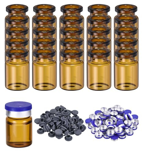 PATIKIL 5ml Flacons en Verre, 100Pcs Flacon en Verre Petite Bouteille D'Échantillon Vide Joint Bouchon en Caoutchouc Port D'Injection pour Usines D'Injection de Laboratoire, Brun