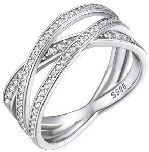 Bestyle 925 Sterling Silver Criss Cross Ring Casual Finger Diamond Ring for Women | Thin Band for Stacking | Simulated Diamond Eternity Wedding Band | Size 8