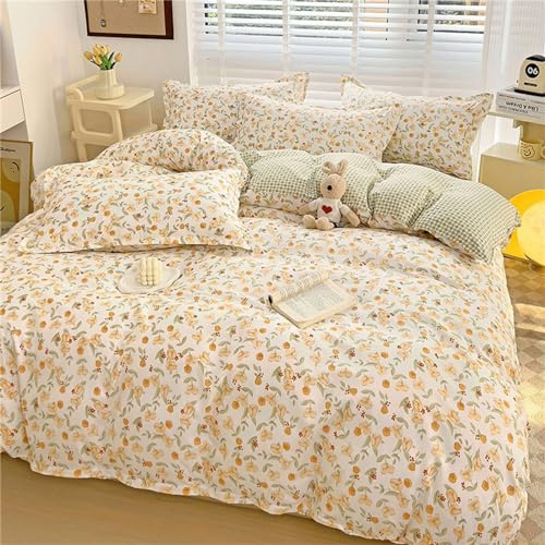 Odot Floral Parure de Lit 4 Pieces,Ensemble de Literie avec Housses de Couettes, Drap Plat et Taies D'oreillers, Set de Housse de Couette pour 1~2 Personnes (180x220cm,Fleurs Jaunes)