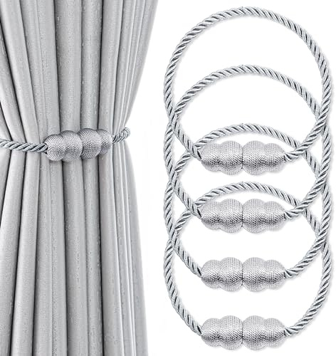 Xiuyer Alzapaños Cortinas, 4 Piezas Recoge Cortinas, Alzapaños de Cortina Magnéticos, Sujeta Cortinas, Lazos Cuerda Cortina, para la Decoración de la Ventana del Hotel Home Office(Gris)