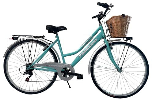 MADICKS Damen-Fahrrad Holland, Größe 28, Vintage-Retro-Stadtrad mit Tiffany-Korb, türkis, mit Gangschaltung (Vorderkorb aus Weidengeflecht)